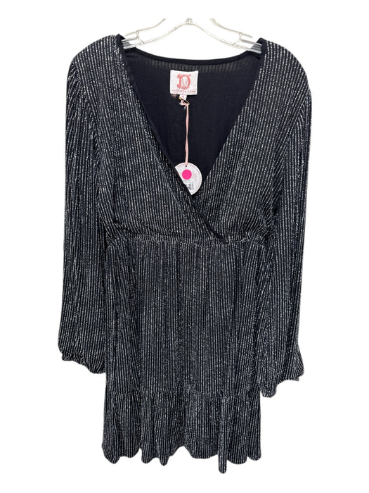 Victoria Dunn Size M Black & Silver Viscose Long Sleeve Striped Below knee Dress Black & Silver / M
