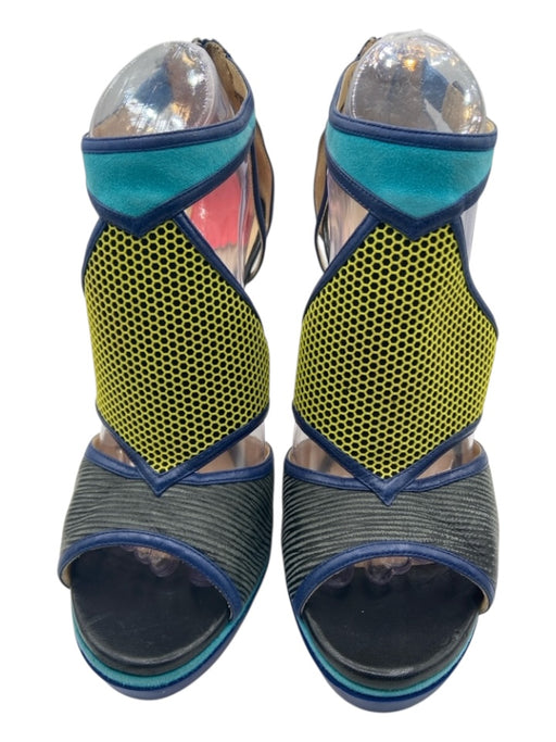 Jimmy Choo Shoe Size 41 Blue, Yellow & Black Leather & Suede Mesh Sandals Blue, Yellow & Black / 41