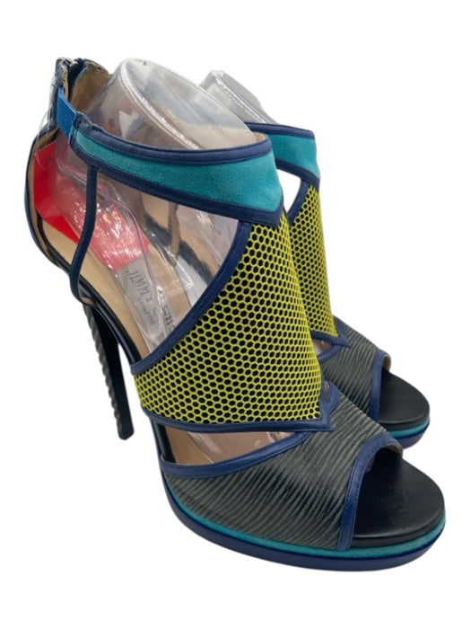 Jimmy Choo Shoe Size 41 Blue, Yellow & Black Leather & Suede Mesh Sandals Blue, Yellow & Black / 41
