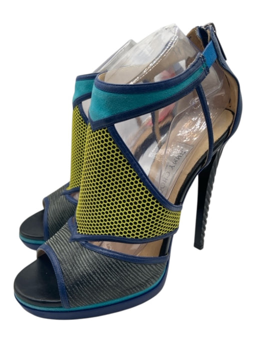 Jimmy Choo Shoe Size 41 Blue, Yellow & Black Leather & Suede Mesh Sandals Blue, Yellow & Black / 41