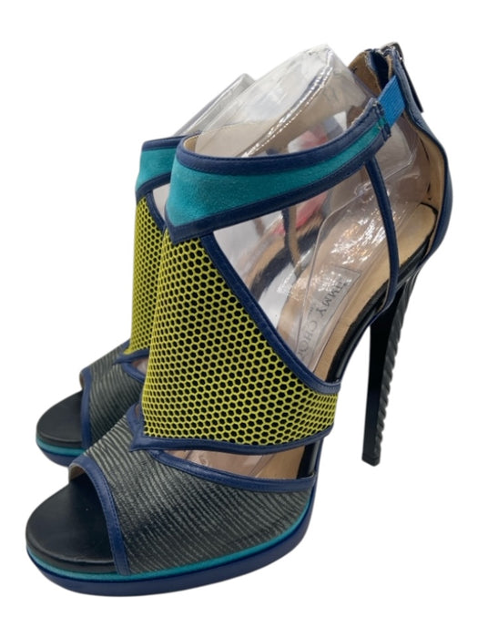 Jimmy Choo Shoe Size 41 Blue, Yellow & Black Leather & Suede Mesh Sandals Blue, Yellow & Black / 41