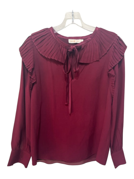 Tory Burch Size 6 Burgundy Red Silk Long Sleeve Ruffle Neckline Neck Tie Top Burgundy Red / 6