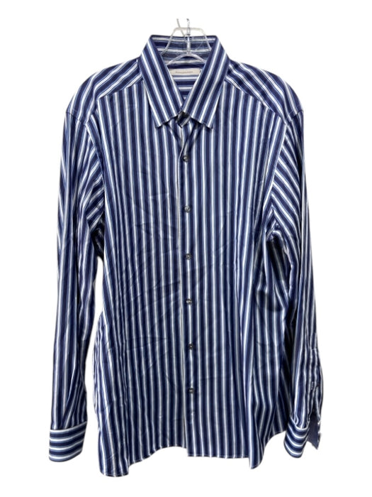 Zegna Size L Navy & White Cotton Blend Striped Button Down Long Sleeve Shirt L