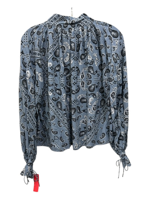 RAVN Size S Light Blue & Black Viscose Long Sleeve Paisley V Neck Top Light Blue & Black / S