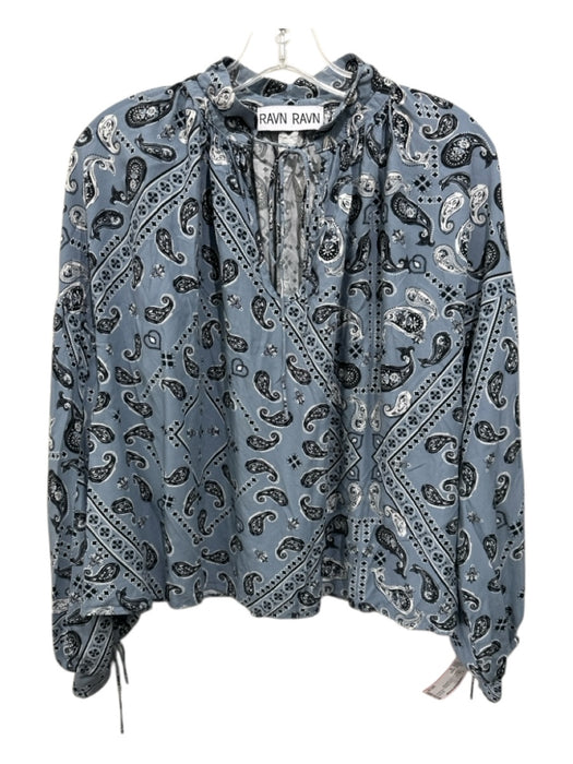 RAVN Size S Light Blue & Black Viscose Long Sleeve Paisley V Neck Top Light Blue & Black / S
