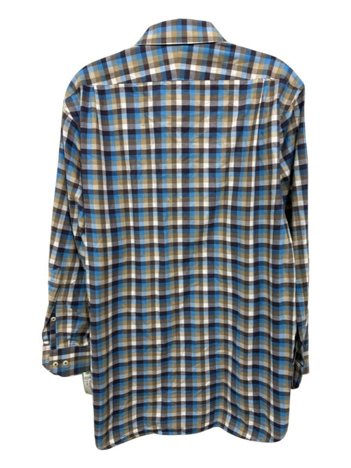 Peter Millar Size L Blue & Tan Cotton Plaid Button Up Men's Long Sleeve Shirt Blue & Tan / L