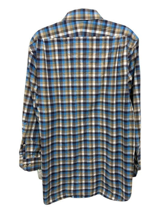 Peter Millar Size L Blue & Tan Cotton Plaid Button Up Men's Long Sleeve Shirt Blue & Tan / L