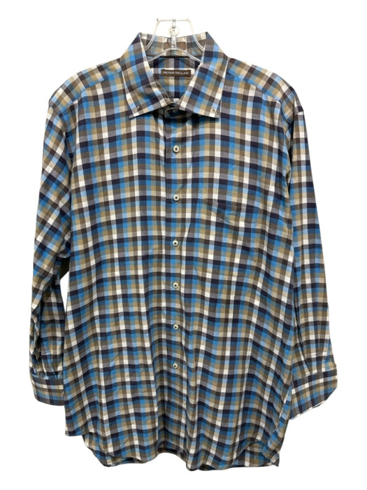 Peter Millar Size L Blue & Tan Cotton Plaid Button Up Men's Long Sleeve Shirt Blue & Tan / L