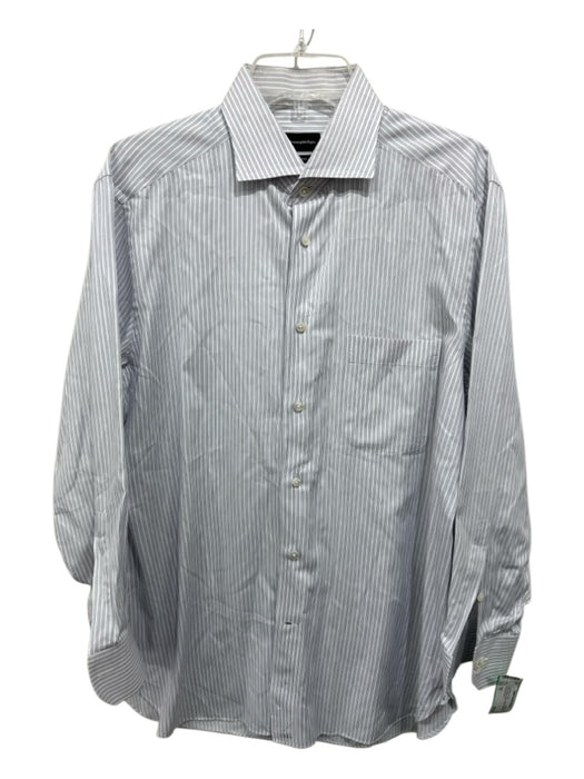 Zegna Size 17 White & Blue Cotton Striped Button Up Men's Long Sleeve Shirt White & Blue / 17