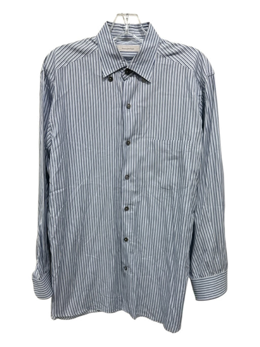 Zegna Size L White & Blue Cotton Striped Button Up Men's Long Sleeve Shirt White & Blue / L
