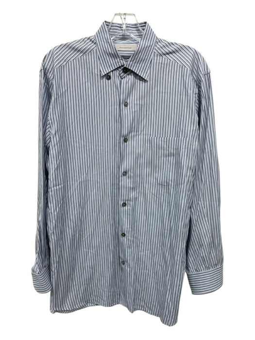 Zegna Size L White & Blue Cotton Striped Button Up Men's Long Sleeve Shirt White & Blue / L