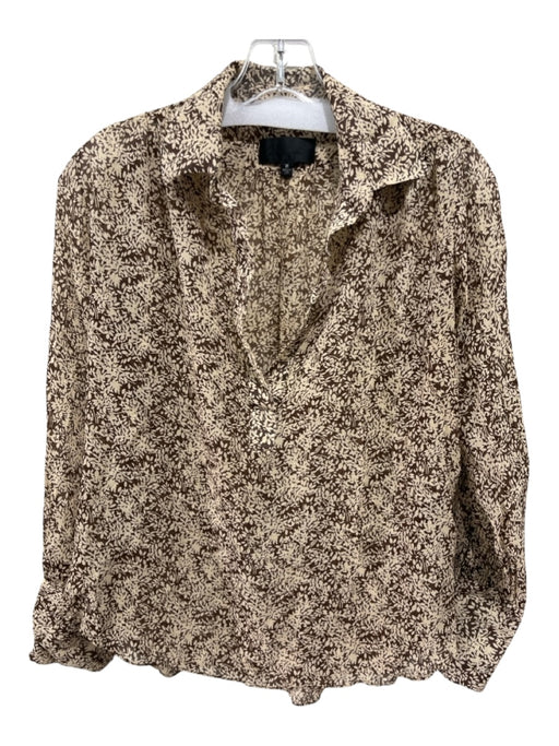 Nili Lotan Size M Cream & Brown Silk Long Sleeve Abstract Print Buttons Top Cream & Brown / M