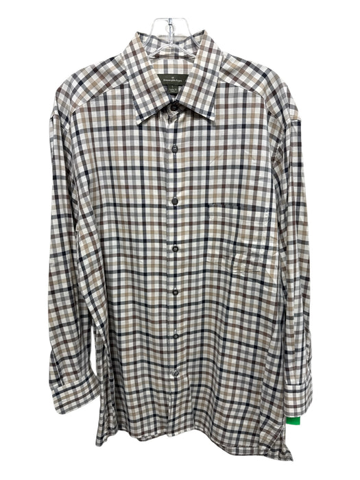 Zegna Size L Brown & Beige Cotton Plaid Button Up Men's Long Sleeve Shirt Brown & Beige / L