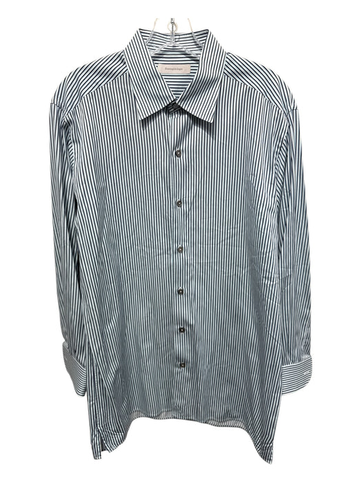 Zegna Size L Light Blue & Blue Print Cotton Striped Button up Long Sleeve Shirt Light Blue & Blue Print / L