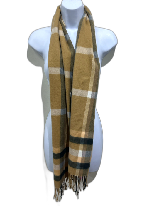 Tan, Black, White Cashmere Fringe Plaid Rectangle scarf Tan, Black, White