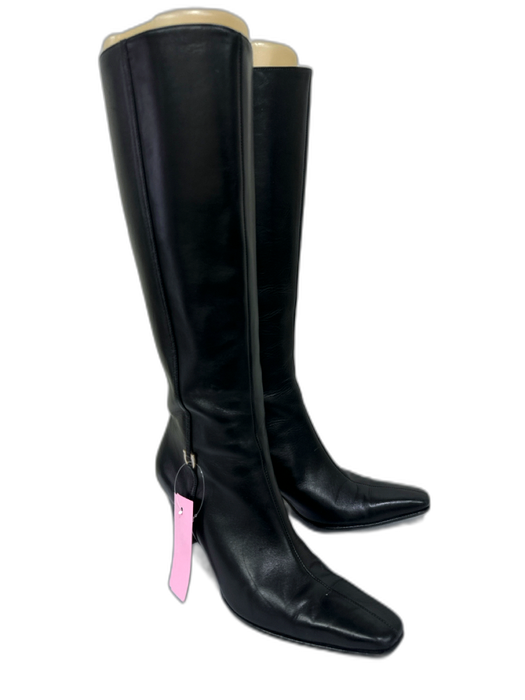 Salvatore Ferragamo Shoe Size 7.5 Black Leather Square Toe Logo Side Zip Boots Black / 7.5