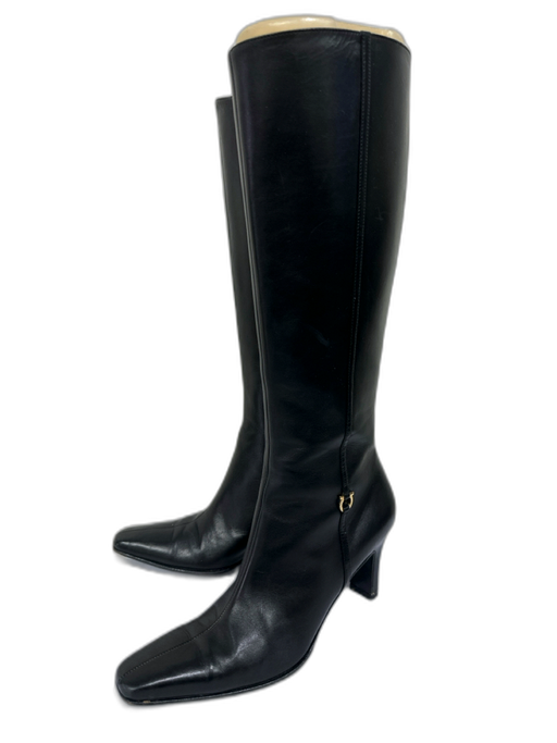 Salvatore Ferragamo Shoe Size 7.5 Black Leather Square Toe Logo Side Zip Boots Black / 7.5