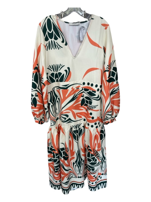 Mulla Size L Green & Orange Polyester Long Balloon Sleeve Floral V Neck Dress Green & Orange / L