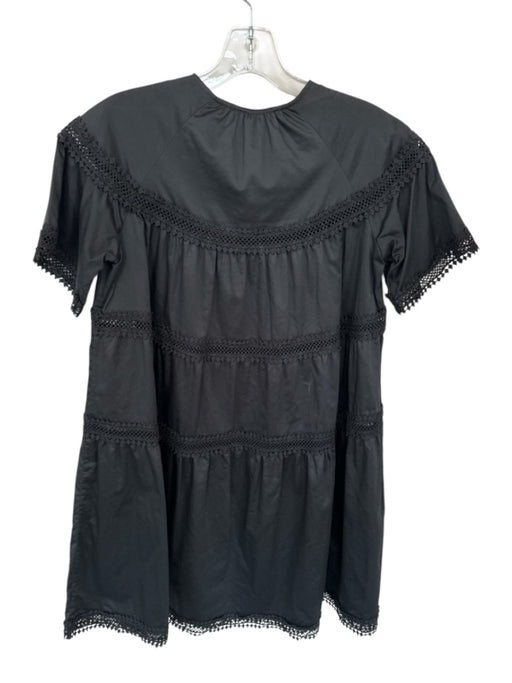 Cynthia Rowley Size XS Black Cotton Short Sleeve Trim Detail Mini Babydoll Dress Black / XS