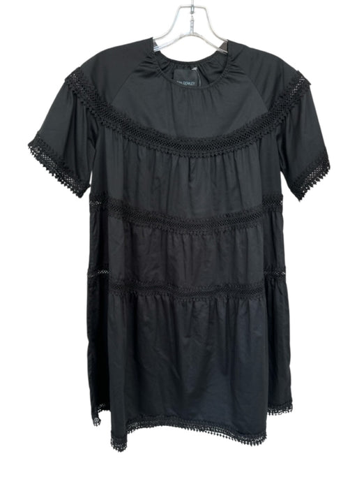 Cynthia Rowley Size XS Black Cotton Short Sleeve Trim Detail Mini Babydoll Dress Black / XS