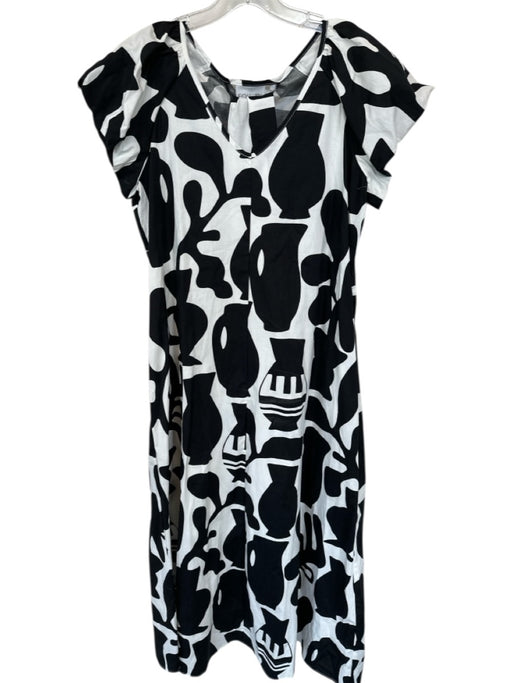 Foil Size 4 Black & White Cotton Blend Abstract Midi Short Sleeve V Neck Dress Black & White / 4