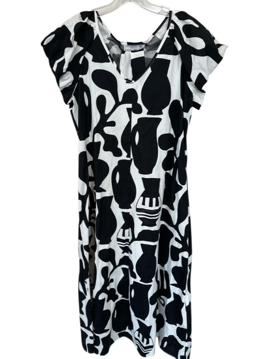Foil Size 4 Black & White Cotton Blend Abstract Midi Short Sleeve V Neck Dress Black & White / 4