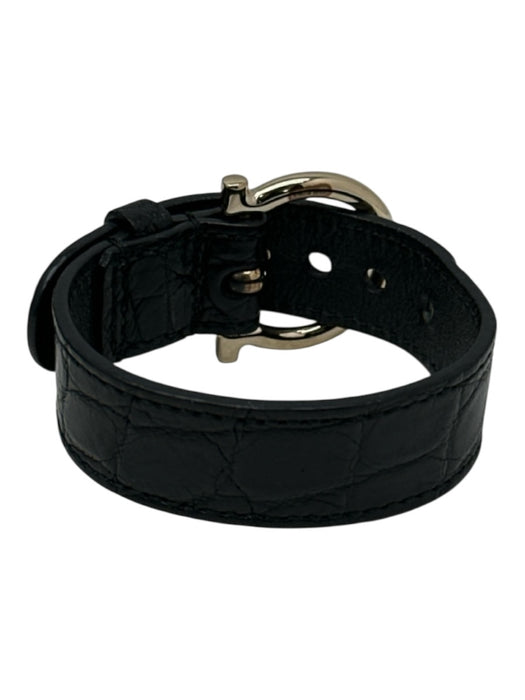 Salvatore Ferragamo Black Leather Croc Gold Buckle Case Bracelet Black
