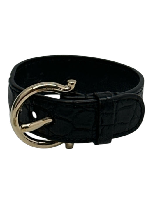 Salvatore Ferragamo Black Leather Croc Gold Buckle Case Bracelet Black
