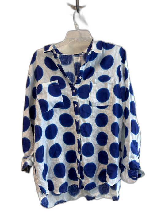 Boden Size 12 White & Blue Linen Button Down Long Sleeve Collared Top White & Blue / 12