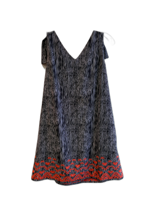 THML Size Small Black, White & Orange Print Polyester Lined V Neck Dress Black, White & Orange Print / Small