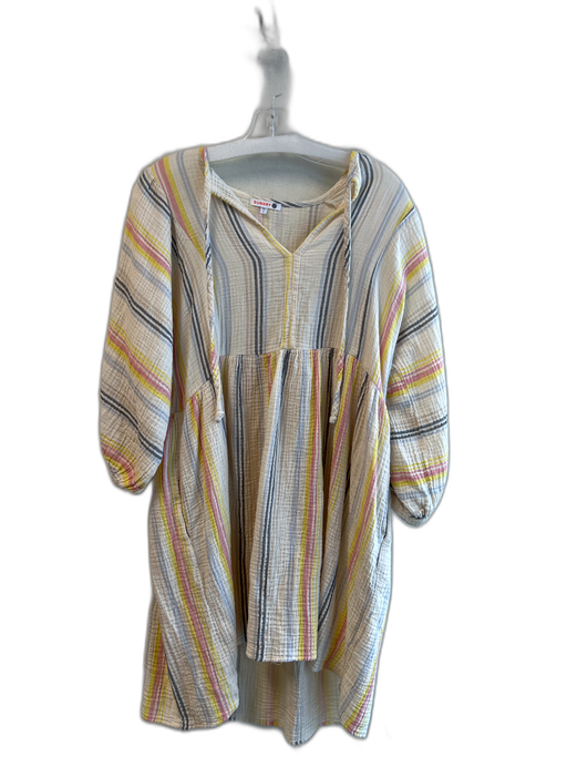 Sundry Size Small Beige & Multi Cotton V Neck Striped Long Wide Sleeves Dress Beige & Multi / Small