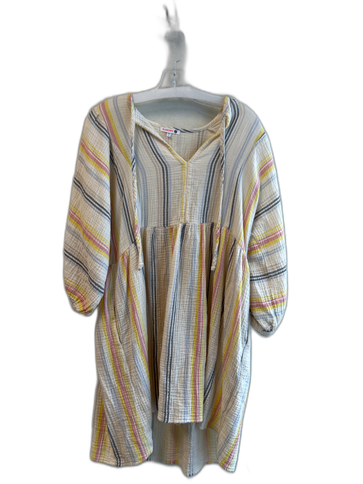 Sundry Size Small Beige & Multi Cotton V Neck Striped Long Wide Sleeves Dress Beige & Multi / Small