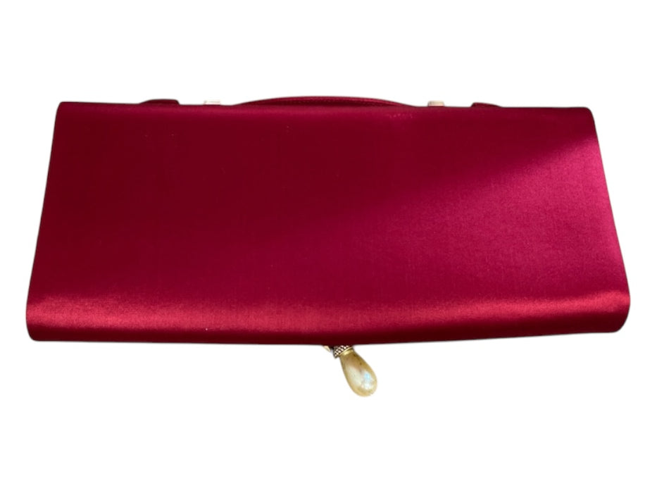 St John Garnet Satin Pearl Detail Rhinestone Detail Magnetic Closure Clutch Garnet