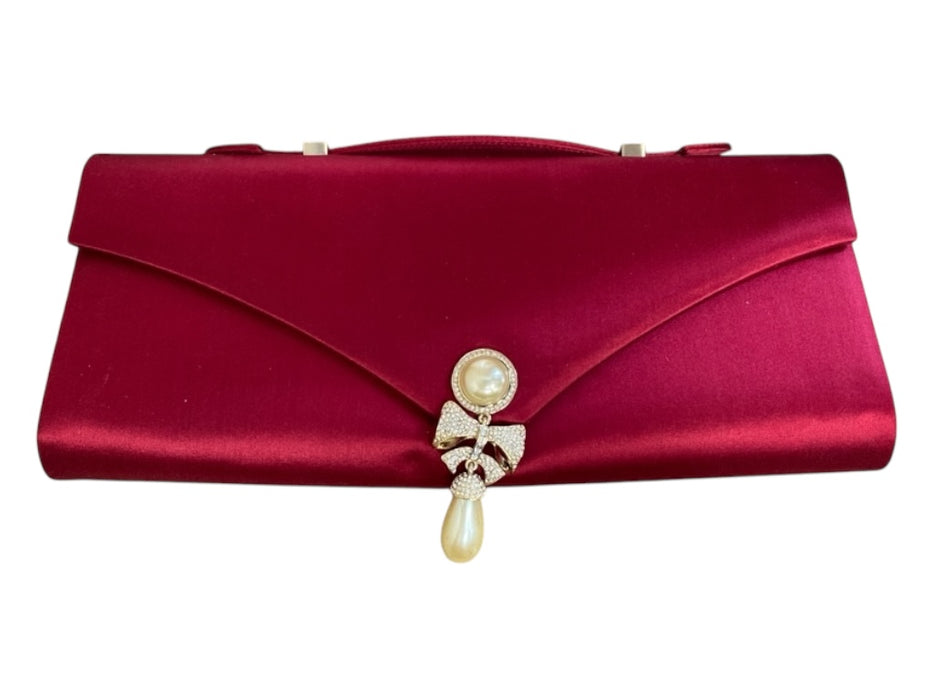 St John Garnet Satin Pearl Detail Rhinestone Detail Magnetic Closure Clutch Garnet