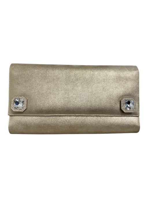 St John Gold Leather Rhinestone Detail Flap Closure Magnetic Close Clutch Gold