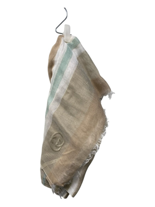 Gucci Tan, White, & Green COTTON & LINEN Fringe Detail Metallic Thread scarf Tan, White, & Green / Large