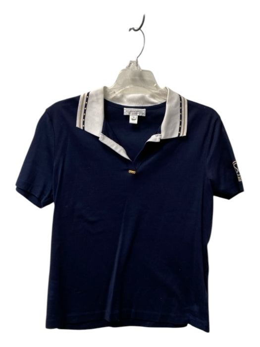 St John Size Medium Navy & white Cotton Short Sleeve Collared V Neck Polo Top Navy & white / Medium