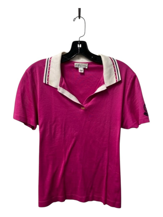 St John Size Medium Hot Pink & White Cotton Short Sleeve Collared V Neck Top Hot Pink & White / Medium