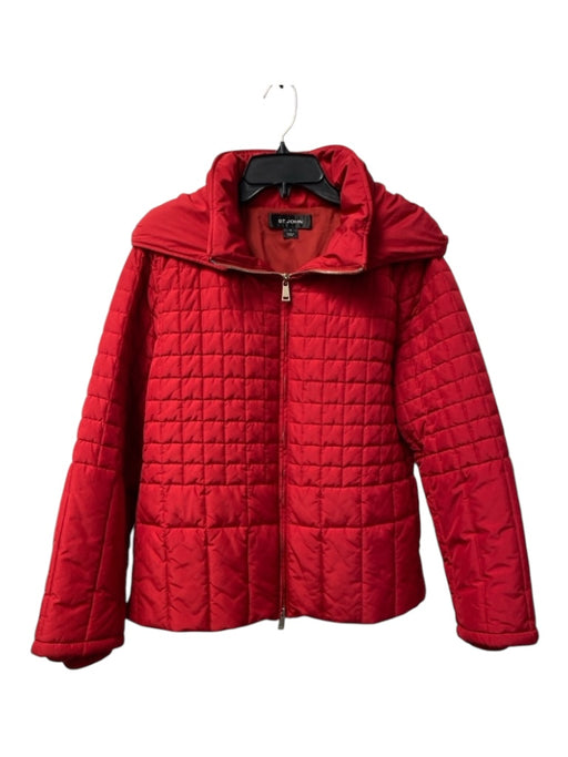 St John Size 14 Red Polyester Detachable Hood Quilted Pockets Front Zip Jacket Red / 14