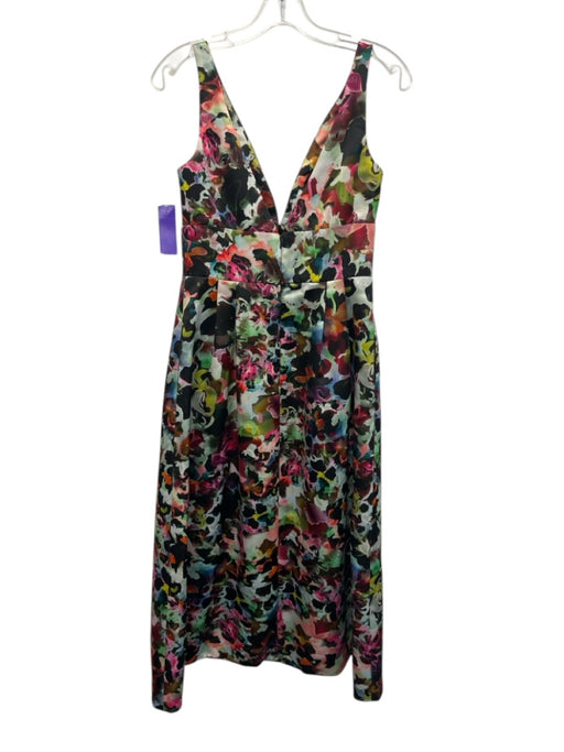 ML Monique Lhuillier Size 4 Black & Multi Polyester Abstract Floral V Neck Dress Black & Multi / 4