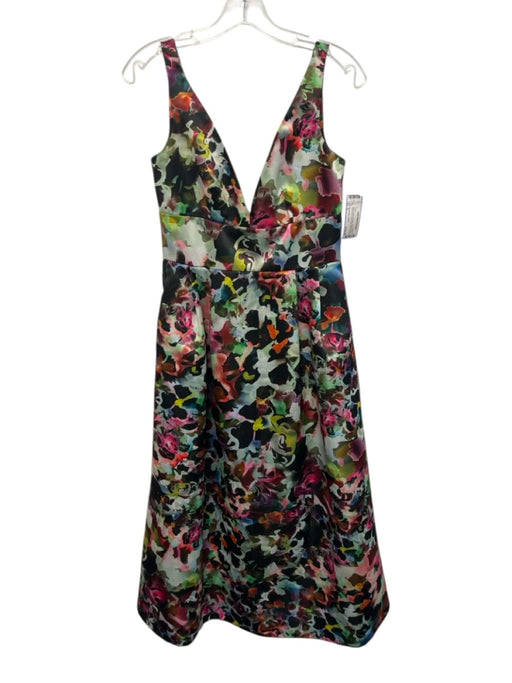 ML Monique Lhuillier Size 4 Black & Multi Polyester Abstract Floral V Neck Dress Black & Multi / 4