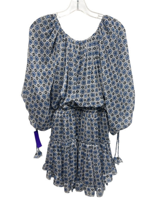 Misa Size S White, Blue & Black Polyester Geometric Off Shoulder Gathered Dress White, Blue & Black / S