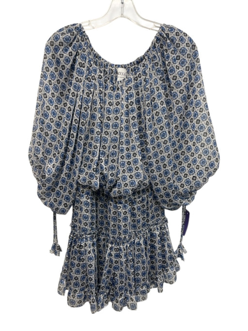 Misa Size S White, Blue & Black Polyester Geometric Off Shoulder Gathered Dress White, Blue & Black / S