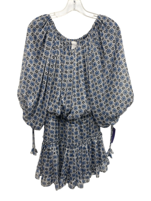 Misa Size S White, Blue & Black Polyester Geometric Off Shoulder Gathered Dress White, Blue & Black / S