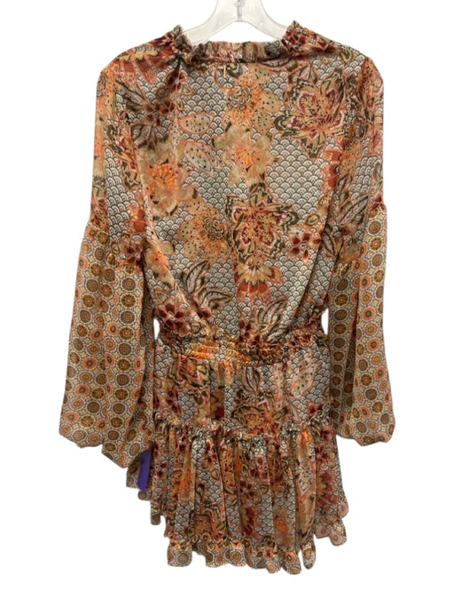 Misa Size S Orange, Brown & Cream Polyester Abstract Floral Tie V Neck Dress Orange, Brown & Cream / S
