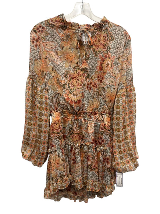Misa Size S Orange, Brown & Cream Polyester Abstract Floral Tie V Neck Dress Orange, Brown & Cream / S