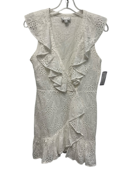 Milly Size 4 White Cotton Floral Eyelet Sleeveless V Neck Ruffle Detail Dress White / 4