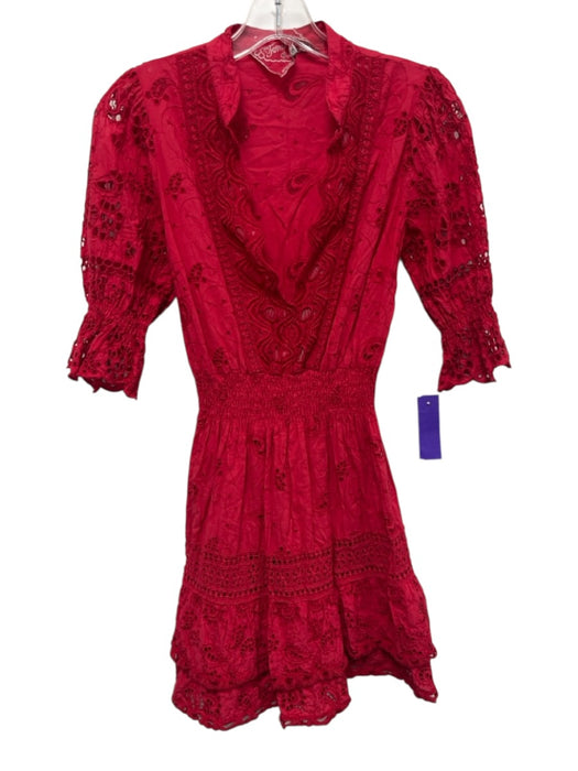 Temptation Positano Size S Red Cotton 1/2 Balloon Sleeve V Neck Dress Red / S