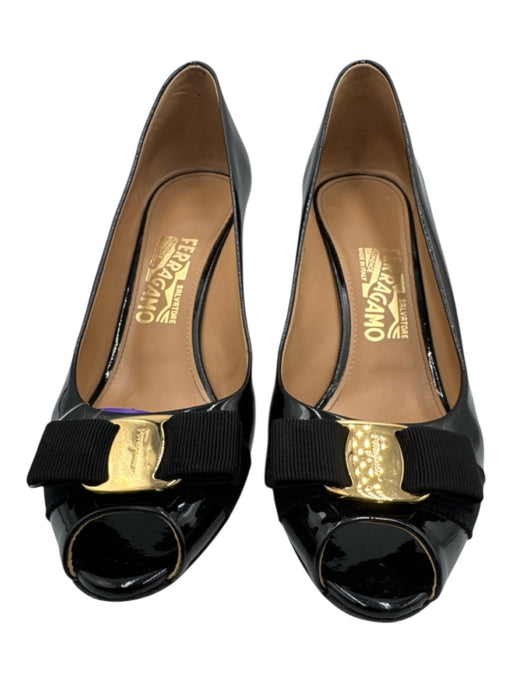 Salvatore Ferragamo Shoe Size 9 Black & Gold Tone Leather Upper Patent Pumps Black & Gold Tone / 9