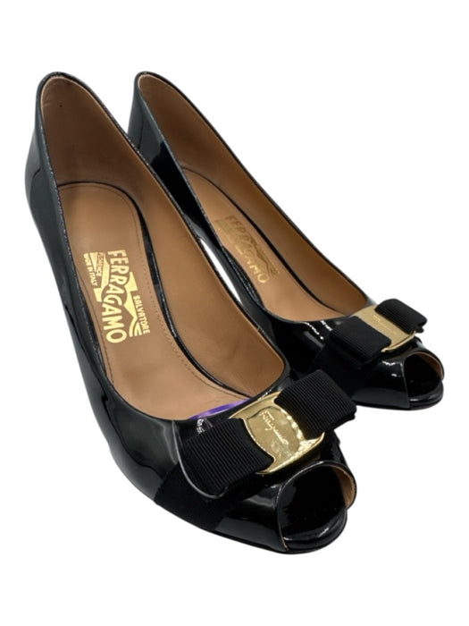 Salvatore Ferragamo Shoe Size 9 Black & Gold Tone Leather Upper Patent Pumps Black & Gold Tone / 9